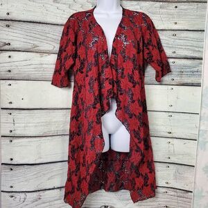 LuLaRoe Women’s Red Black Lace Floral Kimono Duster Cardigan Small